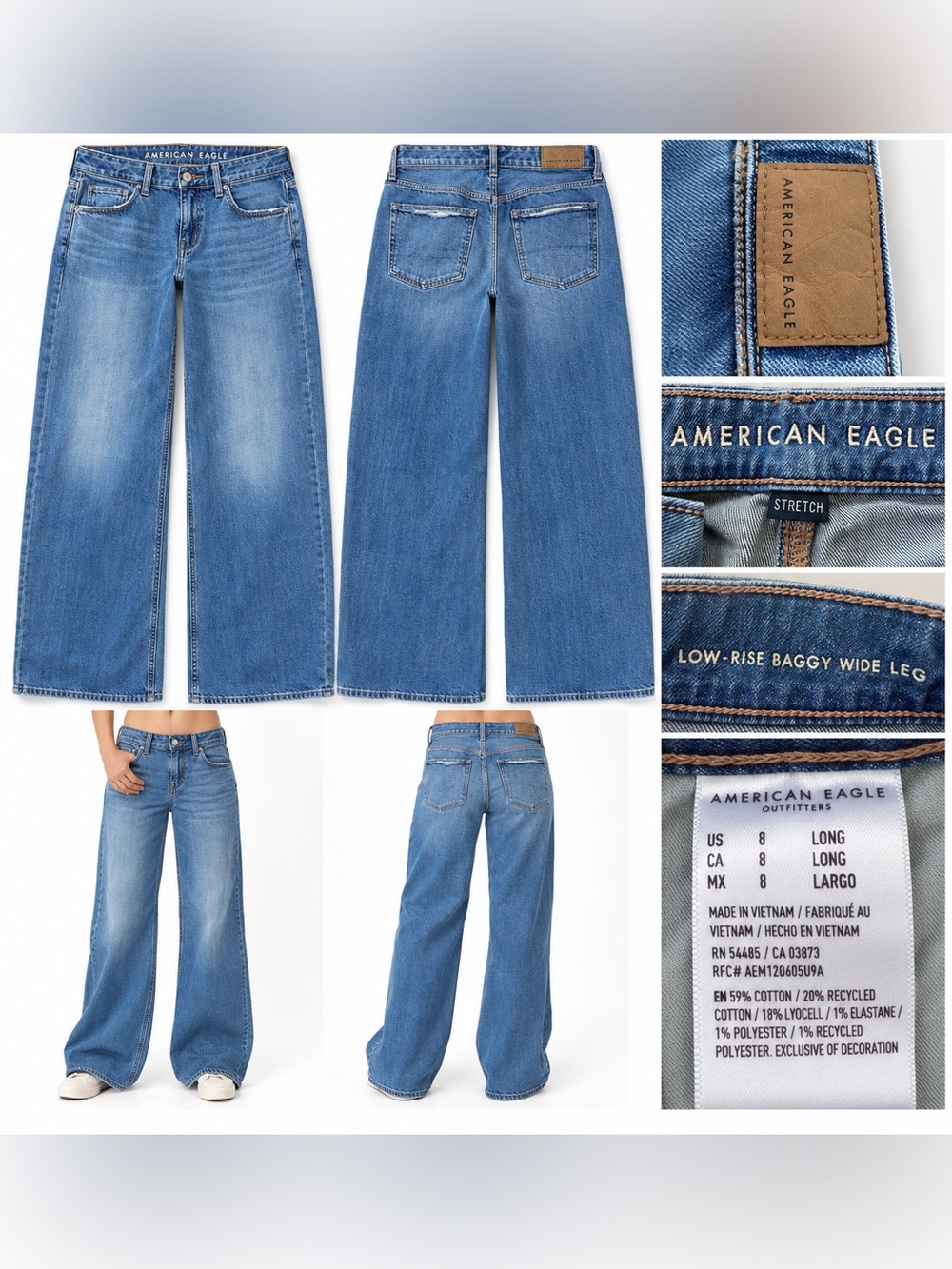 American Eagle Low-Rise Baggy Wide Leg Jeans Size 8 Long Stretch